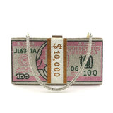 Rhinestone Money Clutch Purse $10,000 Cash Evening Bag