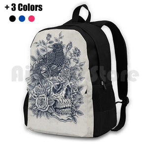 Monochrome Floral Skull Outdoor Hiking Backpack Riding Climbing Sports Bag
