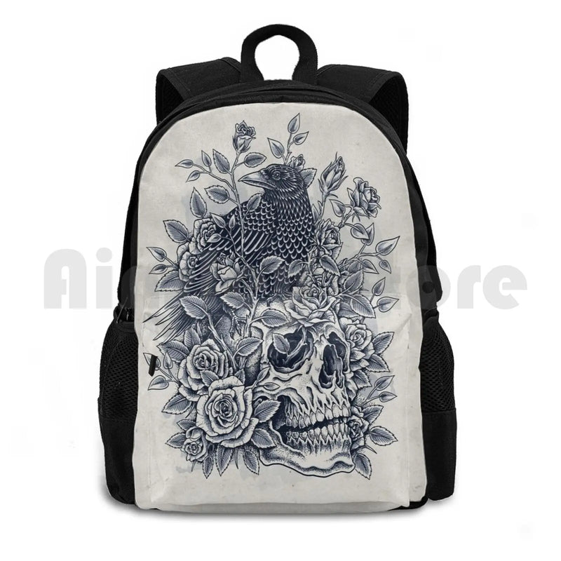 Monochrome Floral Skull Outdoor Hiking Backpack Riding Climbing Sports Bag