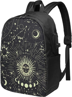 Moon Phase Backpack Travel Laptop College Book Bag USB Charging Port