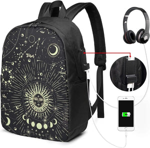 Moon Phase Backpack Travel Laptop College Book Bag USB Charging Port
