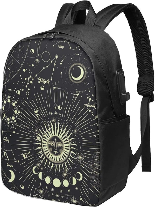 Moon Phase Backpack Travel Laptop College Book Bag USB Charging Port