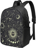 Moon Phase Backpack Travel Laptop College Book Bag USB Charging Port