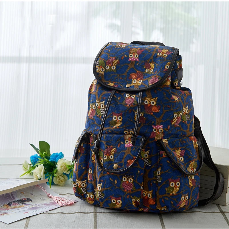 Classic Owl Pattern Women Backpack Vintage Travel Canvas Backpack