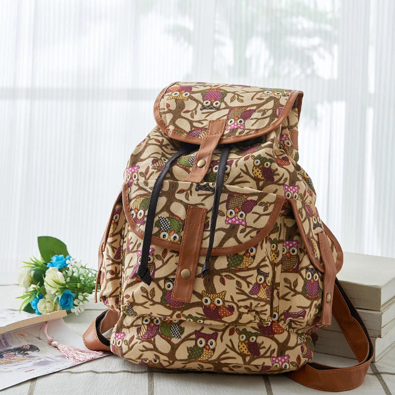 Classic Owl Pattern Women Backpack Vintage Travel Canvas Backpack