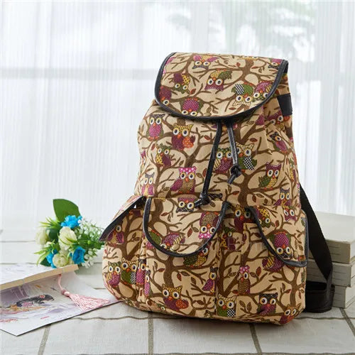 Classic Owl Pattern Women Backpack Vintage Travel Canvas Backpack