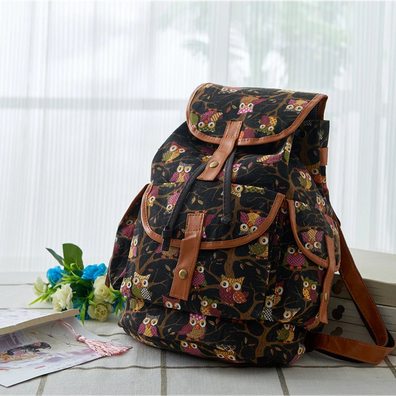 Classic Owl Pattern Women Backpack Vintage Travel Canvas Backpack