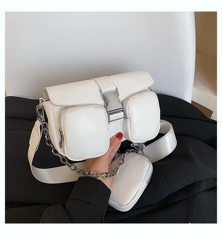 Women's Shoulder Bag Chain Crossbody PU Leather Handbag Double Pocket