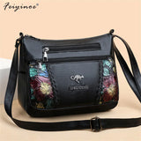 Multi-pocket Ladies Flower Handbag Soft Leather Crossbody Bag