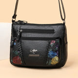 Multi-pocket Ladies Flower Handbag Soft Leather Crossbody Bag