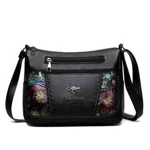 Multi-pocket Ladies Flower Handbag Soft Leather Crossbody Bag