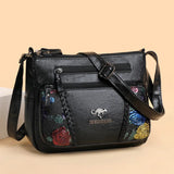 Multi-pocket Ladies Flower Handbag Soft Leather Crossbody Bag