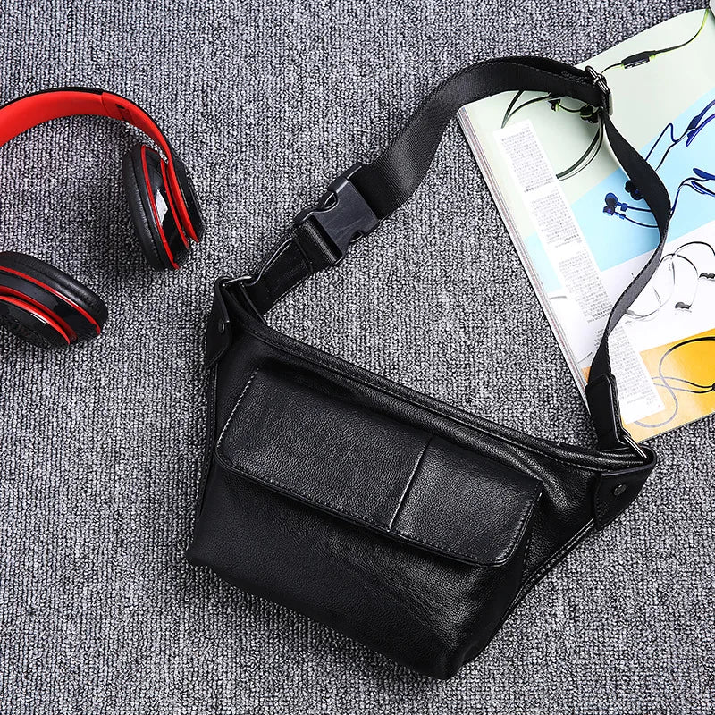 Men's Multi-Pocket Leather Waist Bag with Adjustable Belt