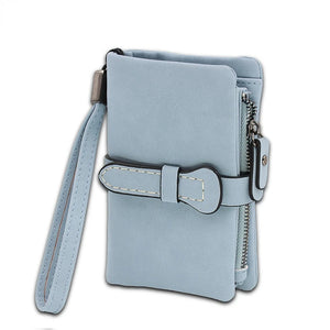 Fold Women Wallets Drawstring Nubuck Leather Zipper Wallet with Wrist Strap