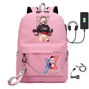 USB Rechargeable Canvas Student Backpack Zero Two Schoolbags