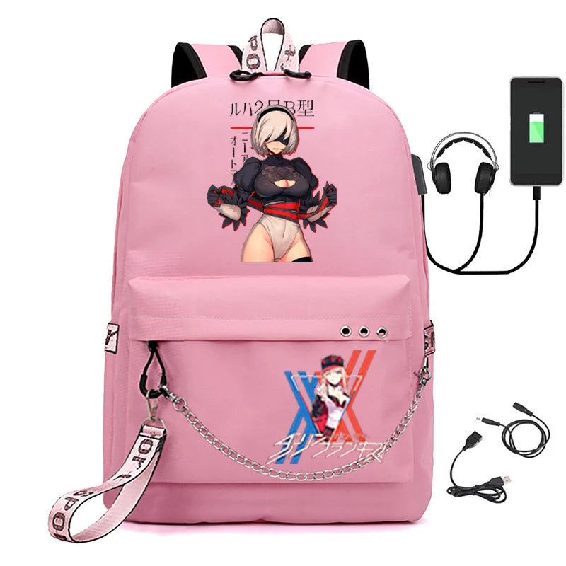USB Rechargeable Canvas Student Backpack Zero Two Schoolbags