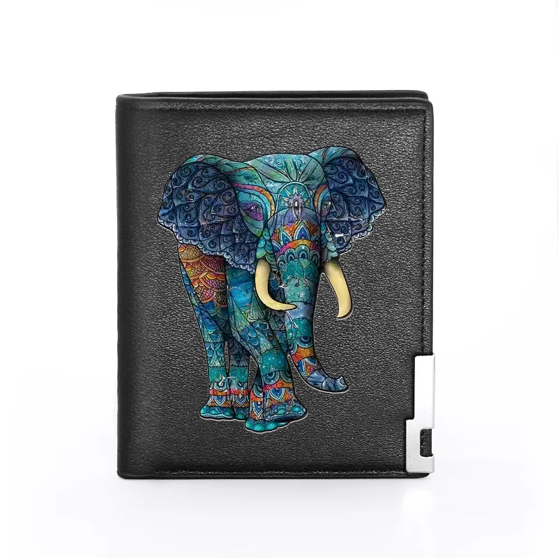 Ethnic Elephant Print Leather Wallet Billfold Slim Credit Card Holder