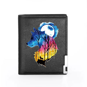 Moon & Wolf Leather Wallet Billfold Slim Credit Card/ID Holders Money Bag