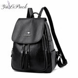 Double Tassels Women Leather Backpacks High Female Backpack