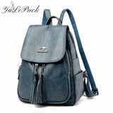 Double Tassels Women Leather Backpacks High Female Backpack