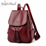 Double Tassels Women Leather Backpacks High Female Backpack