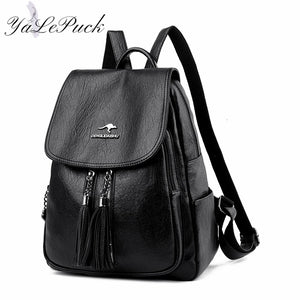 Double Tassels Women Leather Backpacks High Female Backpack Casual Daily Bag