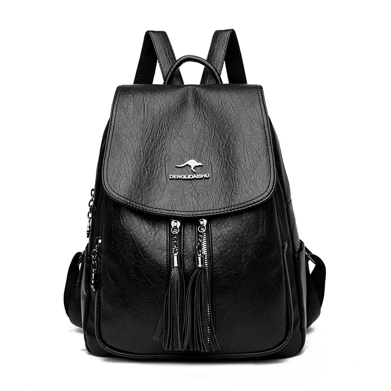 Double Tassels Women Leather Backpacks High Female Backpack