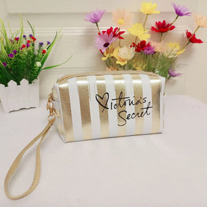Pink Striped Makeup Cosmetic Case Bag Clutch Pouch
