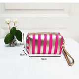 Pink Striped Makeup Cosmetic Case Bag Clutch Pouch