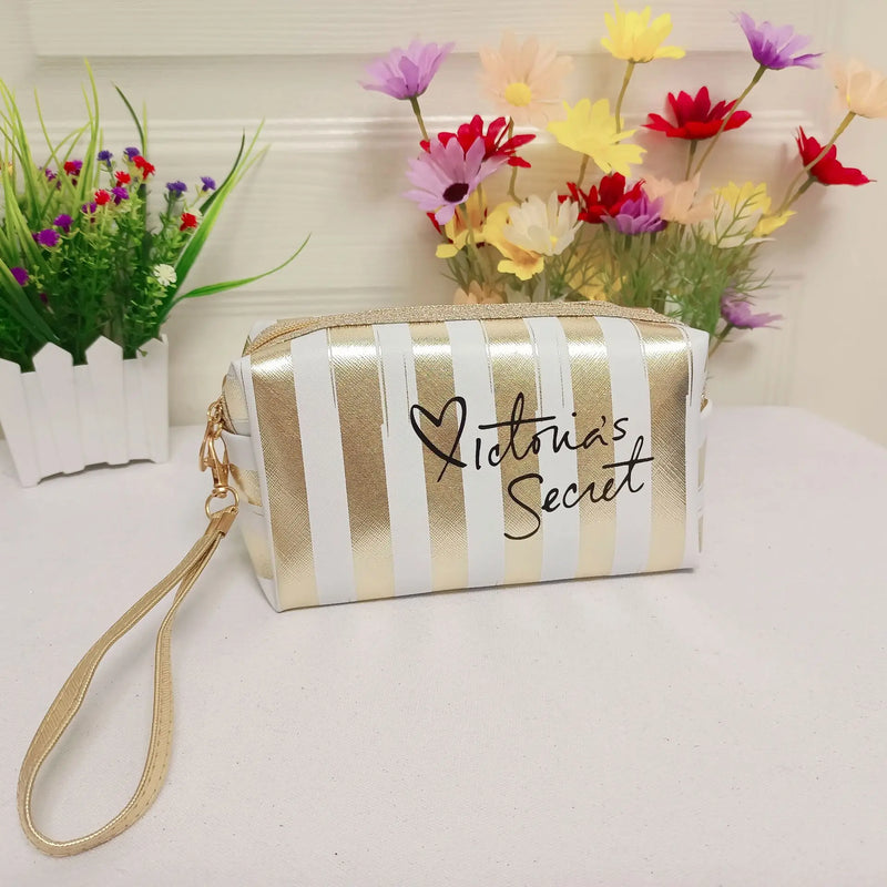 Pink Striped Makeup Cosmetic Case Bag Clutch Pouch