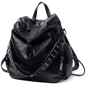 Women Backpack Purse PU Washed Leather Rivet Studded Shoulder Bag(Black)