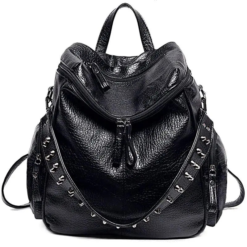 Women Backpack Purse PU Washed Leather Rivet Studded Shoulder Bag(Black)