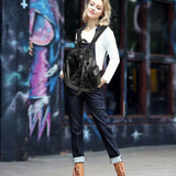 Women Backpack Purse PU Washed Leather Rivet Studded Shoulder Bag(Black)