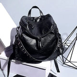 Women Backpack Purse PU Washed Leather Rivet Studded Shoulder Bag(Black)