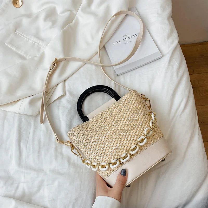 Female Tote Bucket Bag Straw Handbag Woven Shoulder Messenger Bag