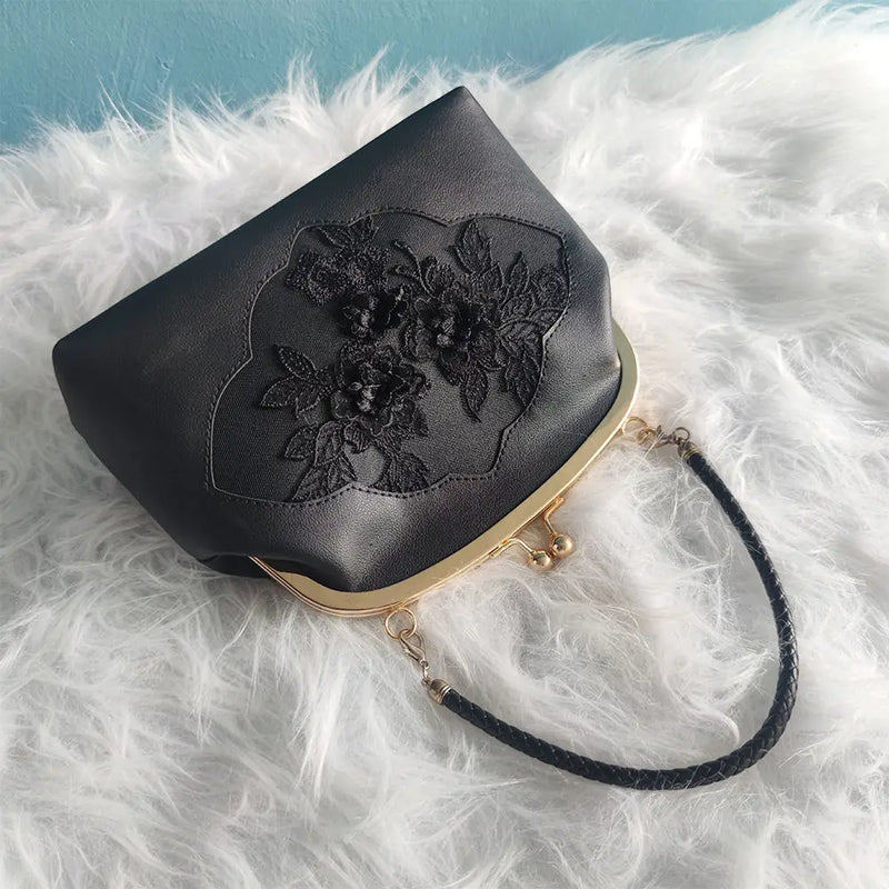 Vintage PU Leather Flowers Bag Women's Handbags Purses Chain Shoulder Crossbody