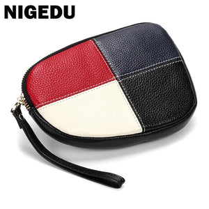 Leather Women Clutch Panelled Organizer Zipper Phone Bag Ladies Cowhide Wrist Ba