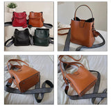 Women's Bucket Shoulder Bag PU Leather Tote Wide Strap Messenger