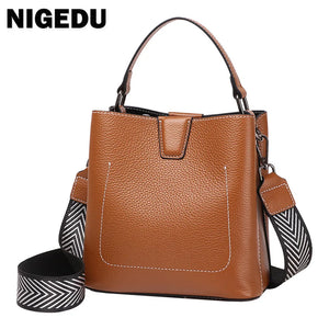 Women's Bucket Shoulder Bag PU Leather Tote Wide Strap Messenger