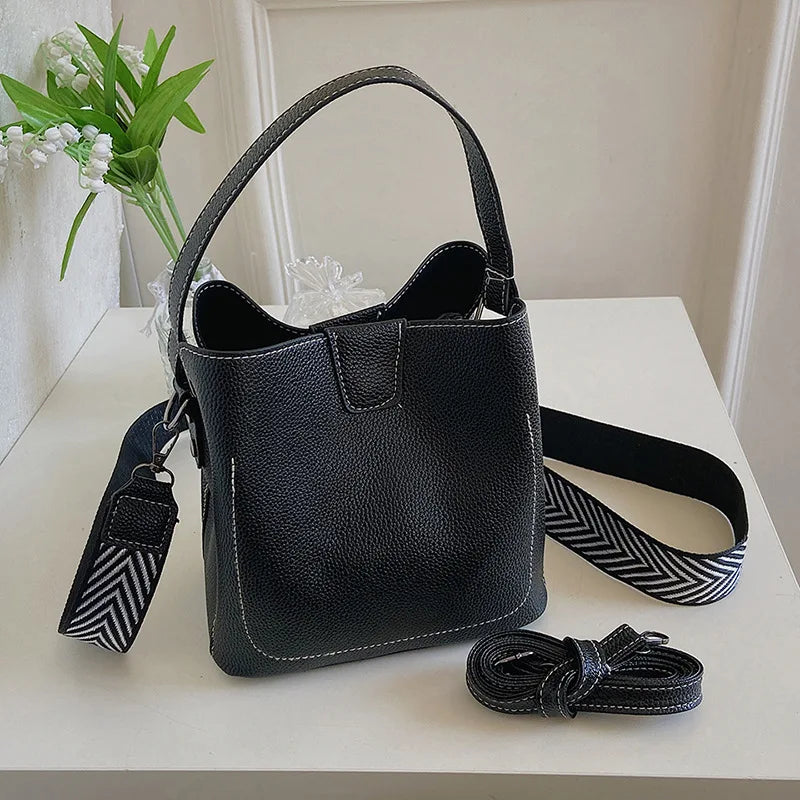 Women's Bucket Shoulder Bag PU Leather Tote Wide Strap Messenger