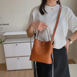 Women's Bucket Shoulder Bag PU Leather Tote Wide Strap Messenger