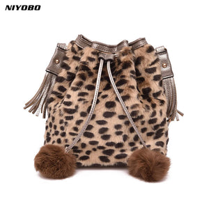 Leopard Print Faux Fur Messenger Bag with Hairball