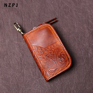 NZPJ Leather Key Bag, Cowhide Purse, Vintage Vegetable Tanned ID Bag