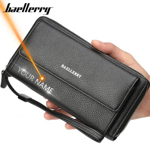 Men Clutch Wallets Engraved PU Leather Zip Large Capacity Hand Strap Wallet
