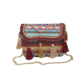 National Style Tassel Woven Small Women Shoulder Bag with Chain