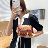 National Style Tassel Woven Small Women Shoulder Bag with Chain