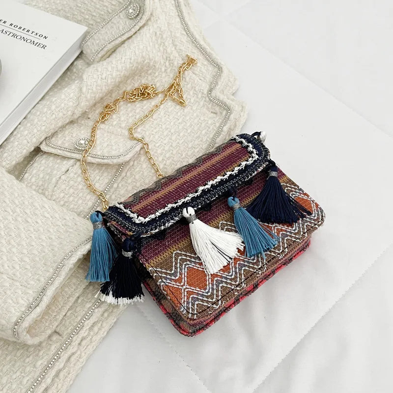 National Style Tassel Woven Small Women Shoulder Bag with Chain