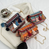 National Style Tassel Woven Small Women Shoulder Bag with Chain
