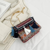 National Style Tassel Woven Small Women Shoulder Bag with Chain