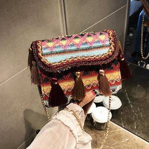 National Style Tassel Woven Small Women Shoulder Bag with Chain